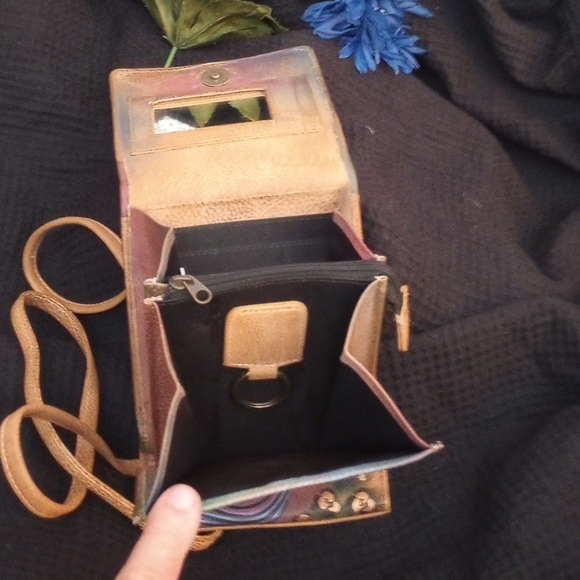 Anuschka Hand painted Triple compartment crossbody organizer Peacock Safari - Picture 6 of 8